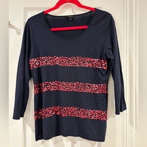 Talbots Navy Top with Red Heart Stripes